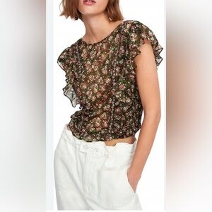 Zara Sheer Beaded Floral Ruffled Top Blouse M